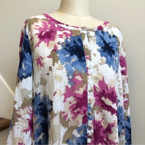JM Collection Blouse Womens 14 Purple Blue Linen Watercolor Floral Asymmetrical - Picture 3 of 12